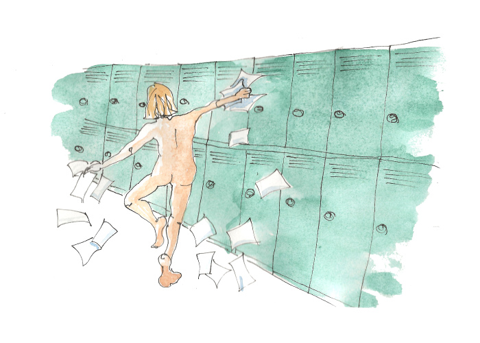 Illustration représentant une femme toute nue qui envoie en l'air des papiers de cours et s'amuse dans les couloirs