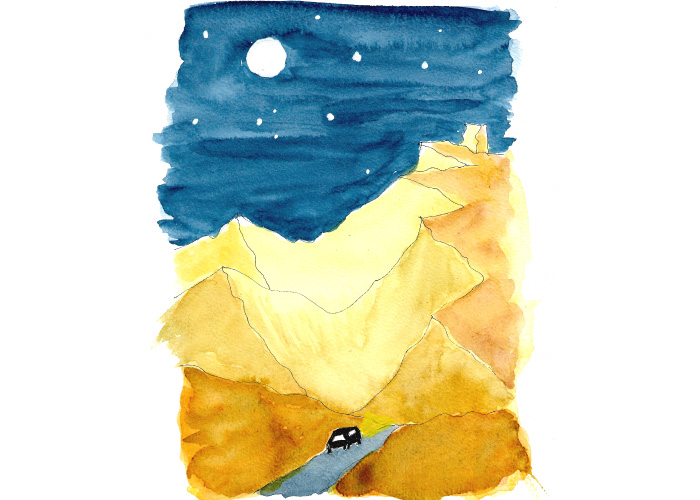 une voiture remonte une route de montagne la nuit, ses phares sont allumés, la lune éclaire le ciel étoilé, peinture